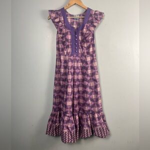 Anthropologie Plenty Tracy Reese Dress Purple Print Midi Size 4 button ruffle
